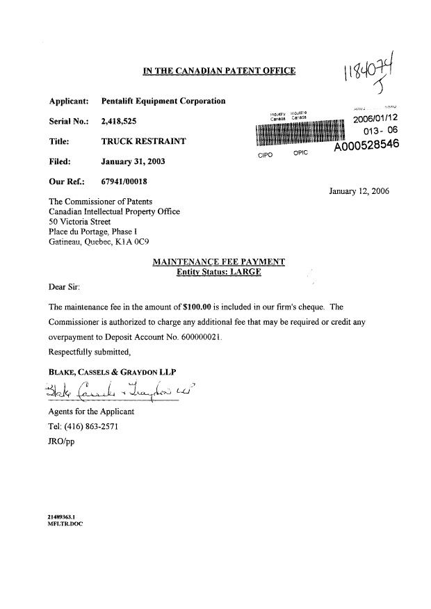 Document de brevet canadien 2418525. Taxes 20060112. Image 1 de 1