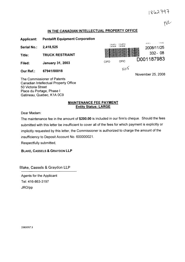 Document de brevet canadien 2418525. Taxes 20081125. Image 1 de 1