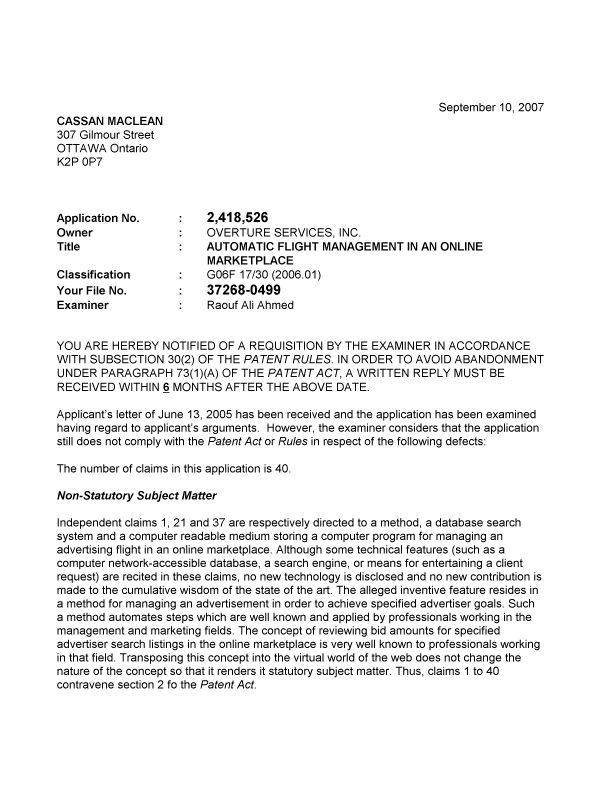 Document de brevet canadien 2418526. Poursuite-Amendment 20070910. Image 1 de 3
