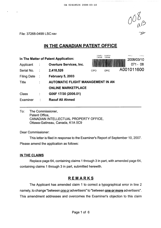 Document de brevet canadien 2418526. Poursuite-Amendment 20080310. Image 1 de 7