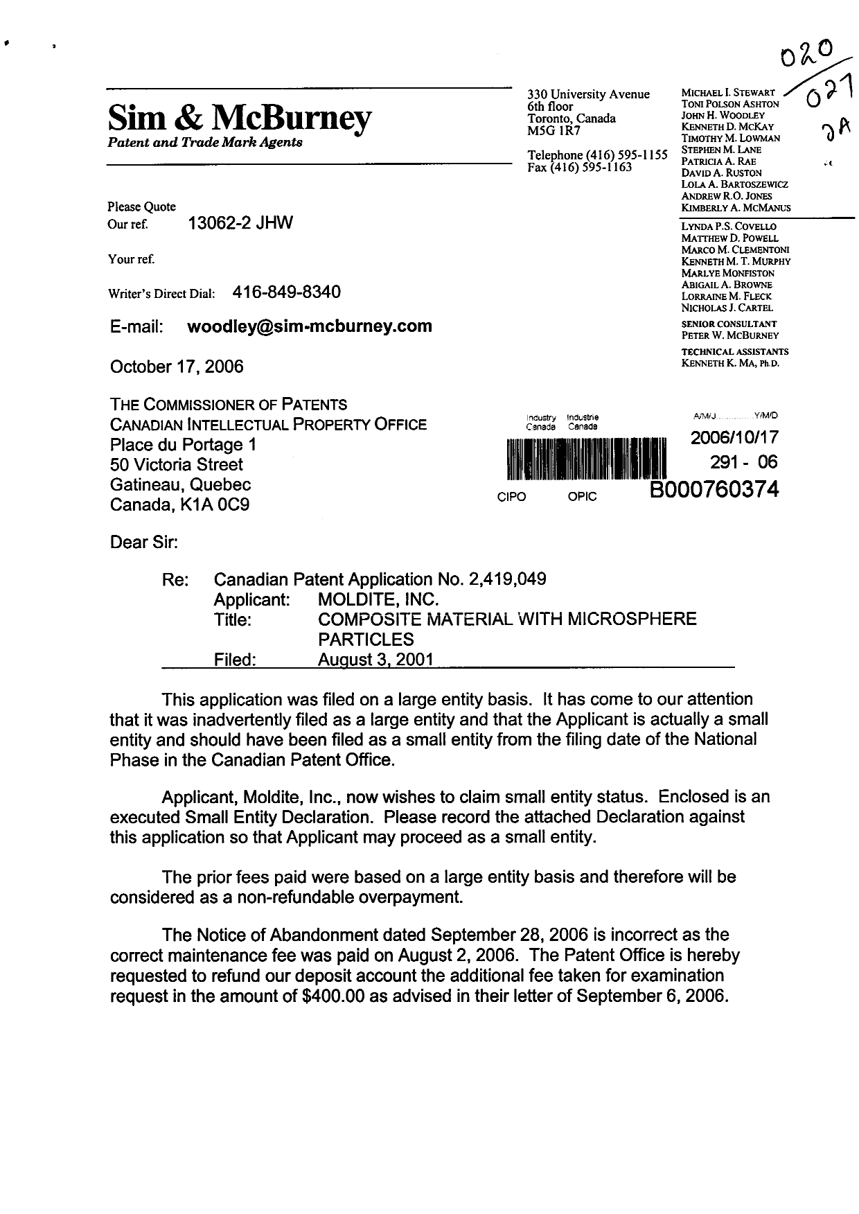 Canadian Patent Document 2419049. Correspondence 20061017. Image 1 of 3