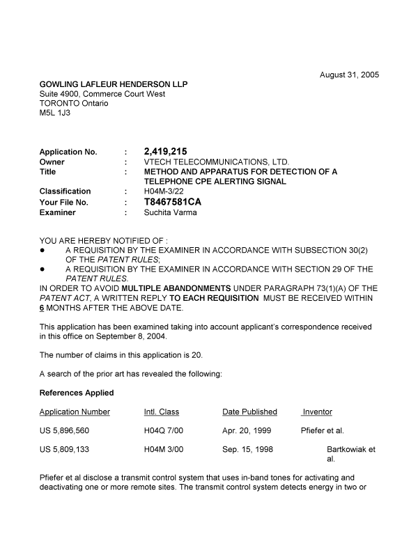 Canadian Patent Document 2419215. Prosecution-Amendment 20050831. Image 1 of 3