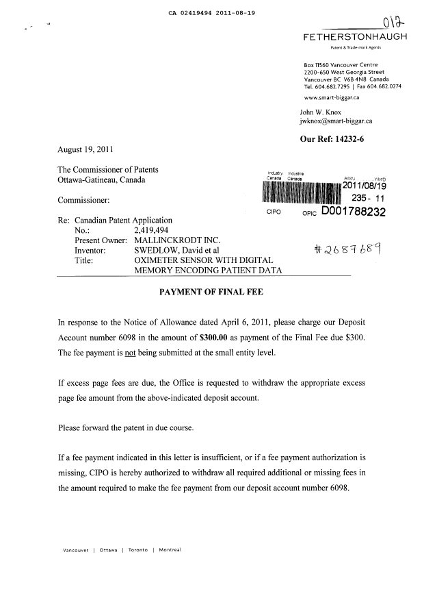 Document de brevet canadien 2419494. Correspondance 20110819. Image 1 de 2