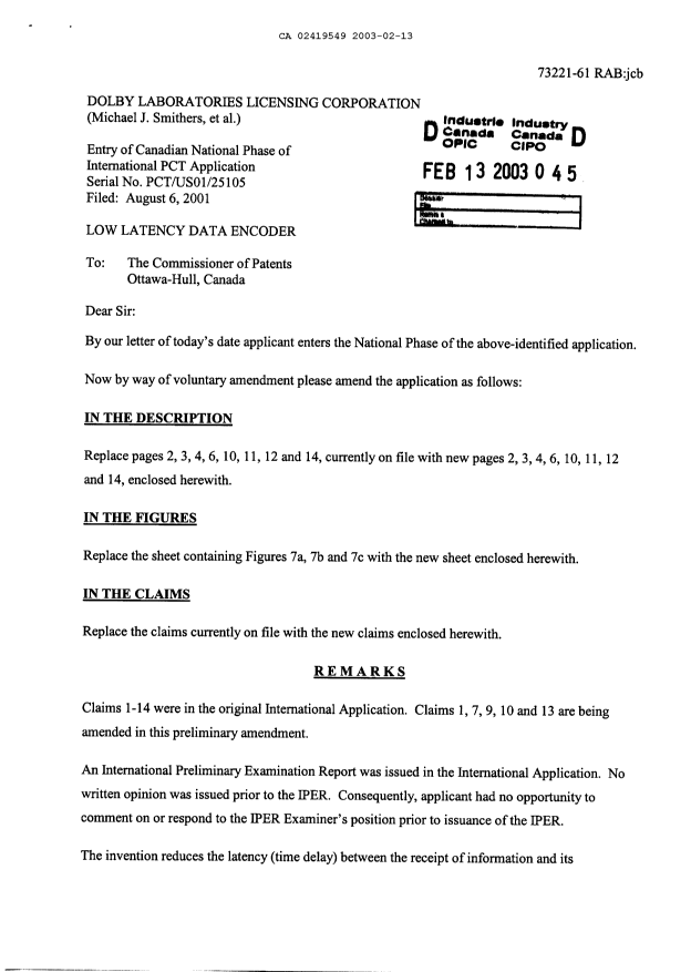 Canadian Patent Document 2419549. Prosecution-Amendment 20021213. Image 1 of 21