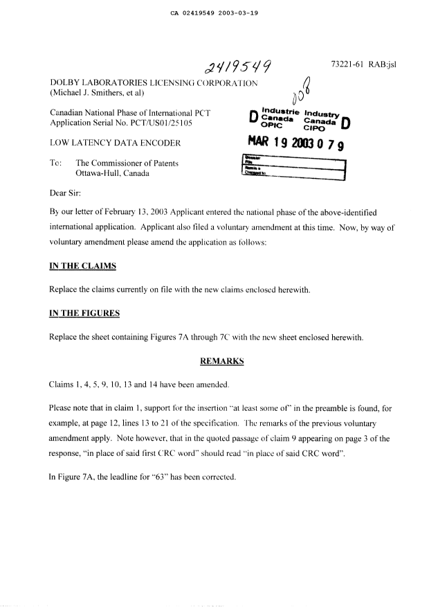 Canadian Patent Document 2419549. Prosecution-Amendment 20021219. Image 1 of 7