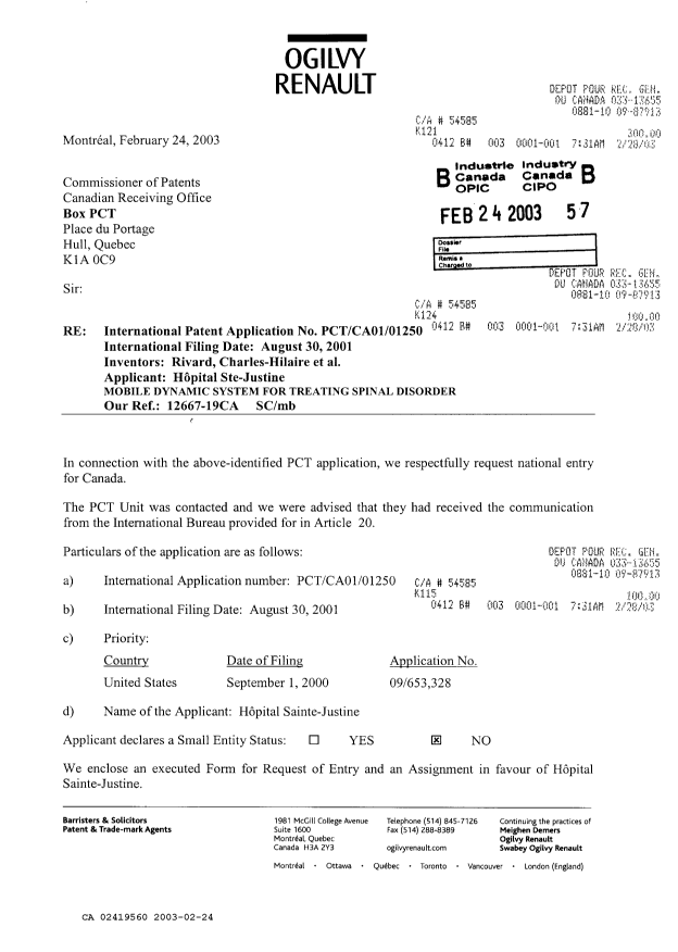 Document de brevet canadien 2419560. Cession 20030224. Image 1 de 4