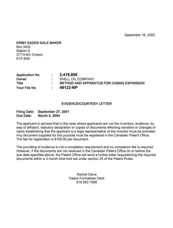 Canadian Patent Document 2419806. Correspondence 20030305. Image 1 of 1