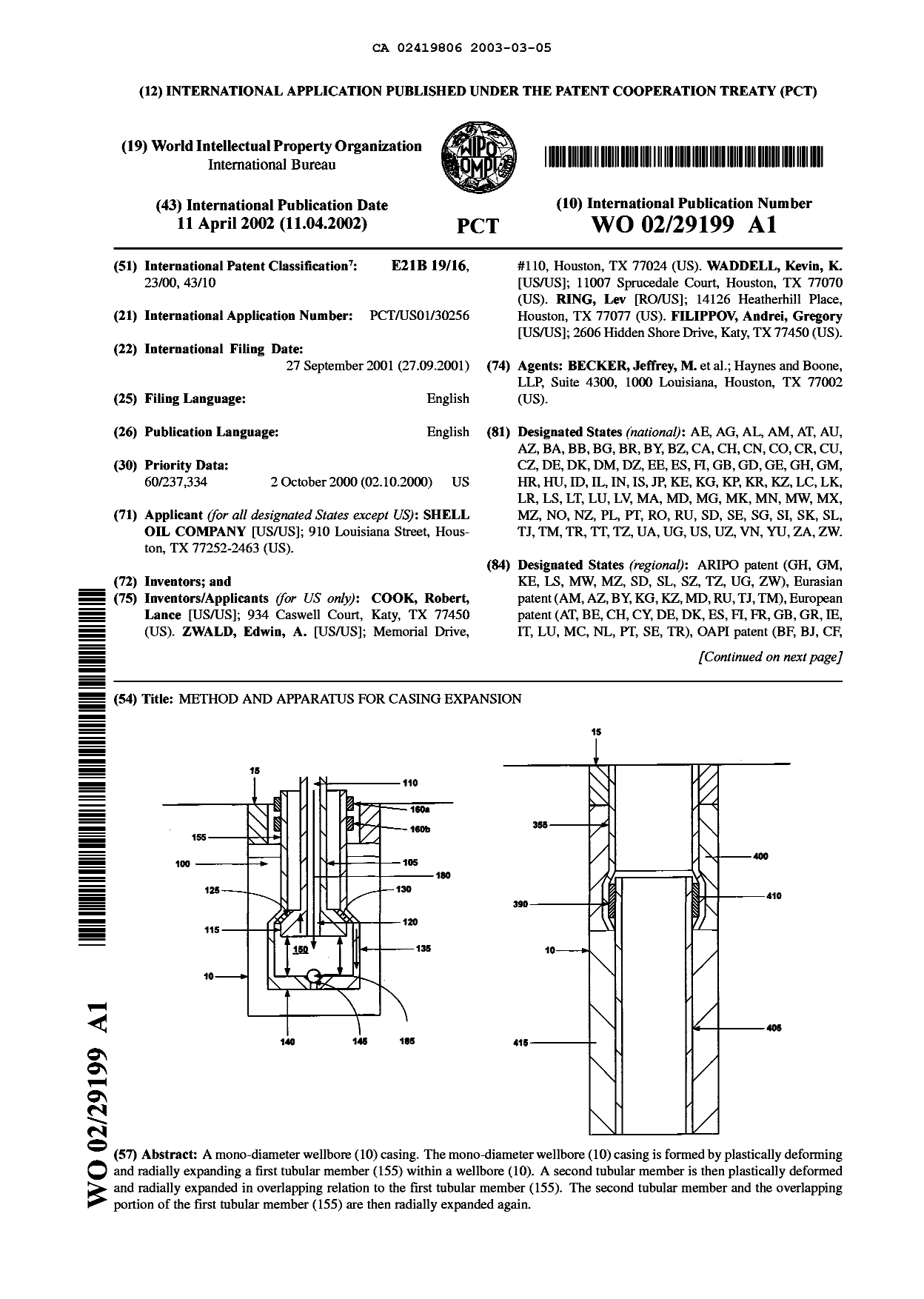 Canadian Patent Document 2419806. Abstract 20030305. Image 1 of 2