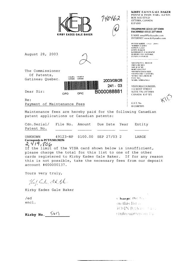 Canadian Patent Document 2419806. Fees 20030828. Image 1 of 1