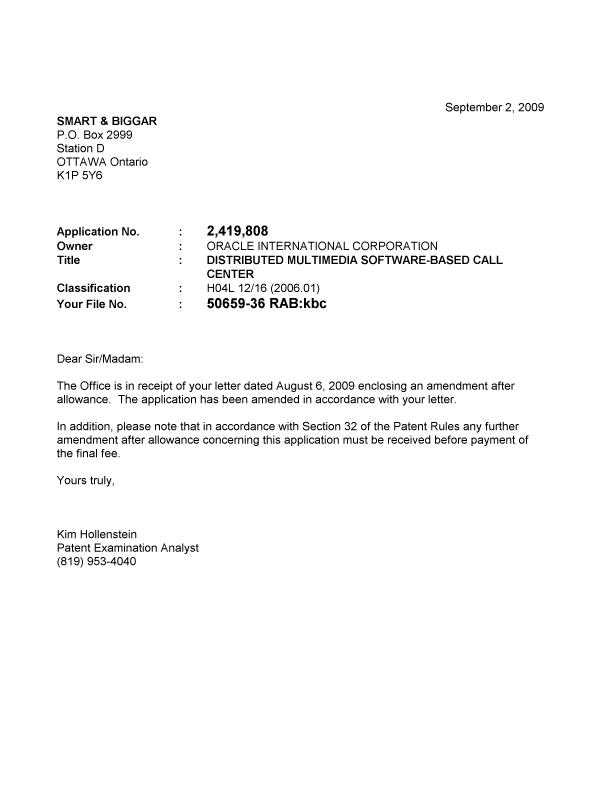 Document de brevet canadien 2419808. Correspondance 20090902. Image 1 de 1