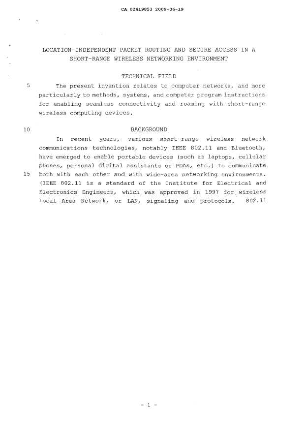 Canadian Patent Document 2419853. Description 20090619. Image 1 of 43