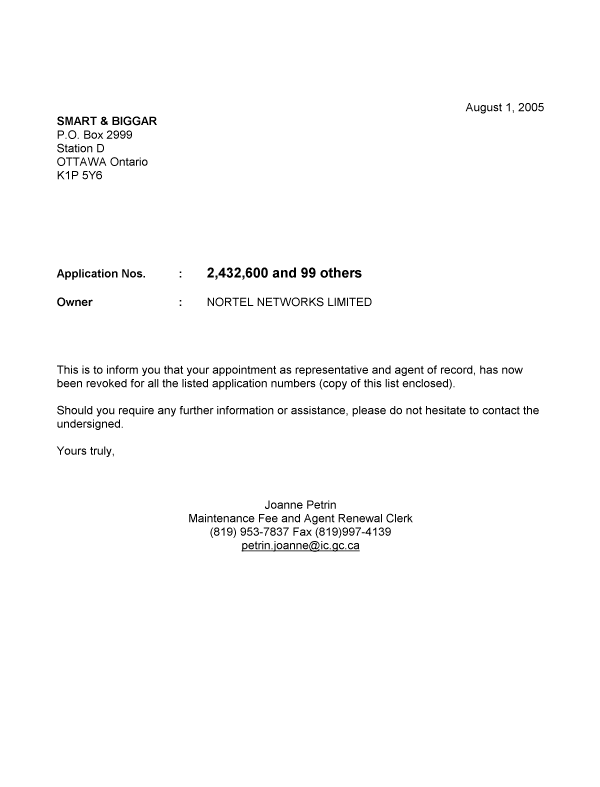 Canadian Patent Document 2419897. Correspondence 20050801. Image 1 of 1