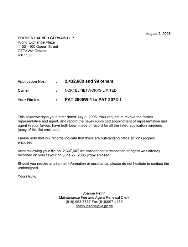 Document de brevet canadien 2419897. Correspondance 20050802. Image 1 de 1