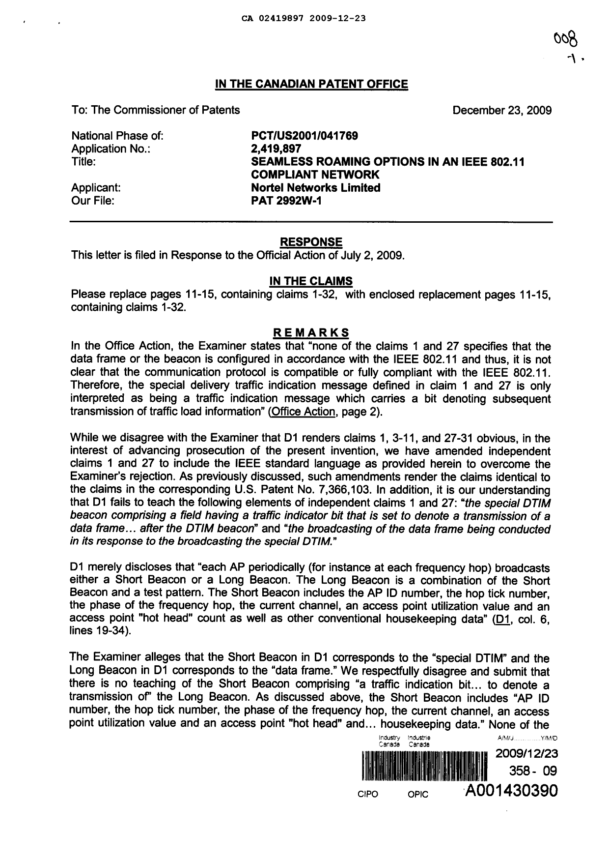 Canadian Patent Document 2419897. Prosecution-Amendment 20091223. Image 1 of 7