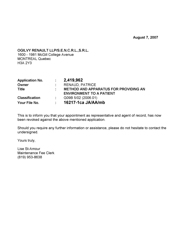 Document de brevet canadien 2419962. Correspondance 20070807. Image 1 de 1