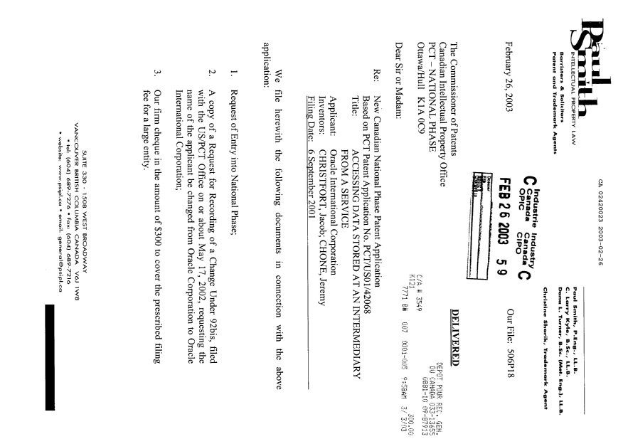 Document de brevet canadien 2420023. Cession 20030226. Image 1 de 5