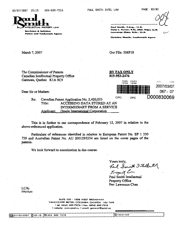 Canadian Patent Document 2420023. Prosecution-Amendment 20070307. Image 1 of 2