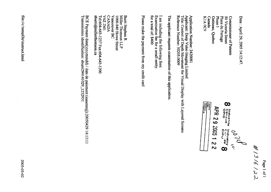 Canadian Patent Document 2420081. Prosecution-Amendment 20050429. Image 1 of 1
