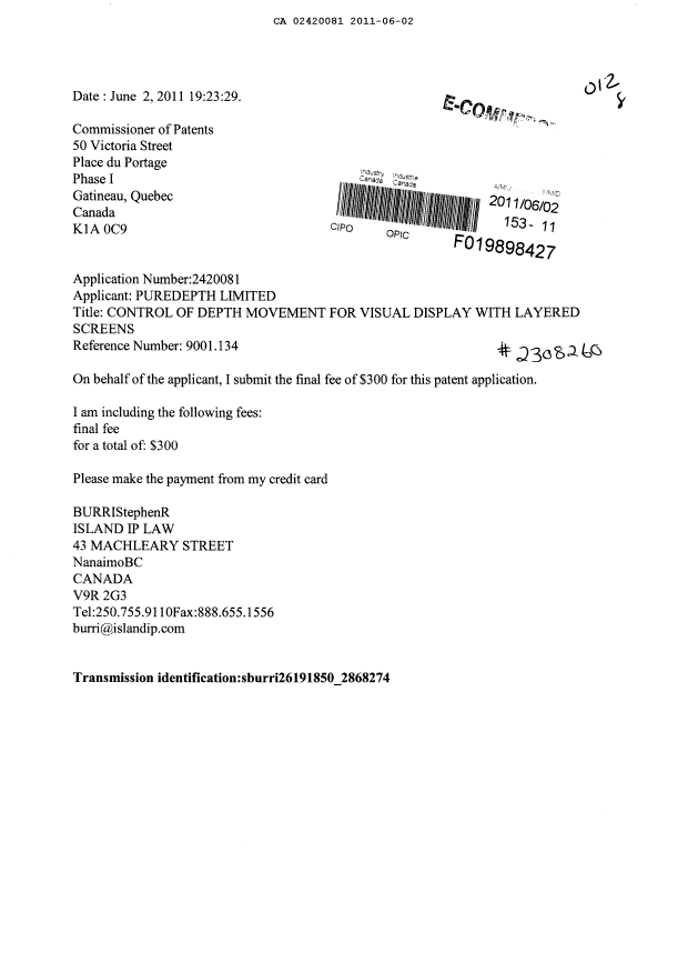 Document de brevet canadien 2420081. Correspondance 20110602. Image 1 de 1