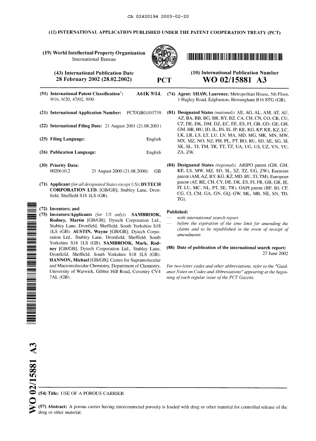 Document de brevet canadien 2420194. Abrégé 20021220. Image 1 de 1