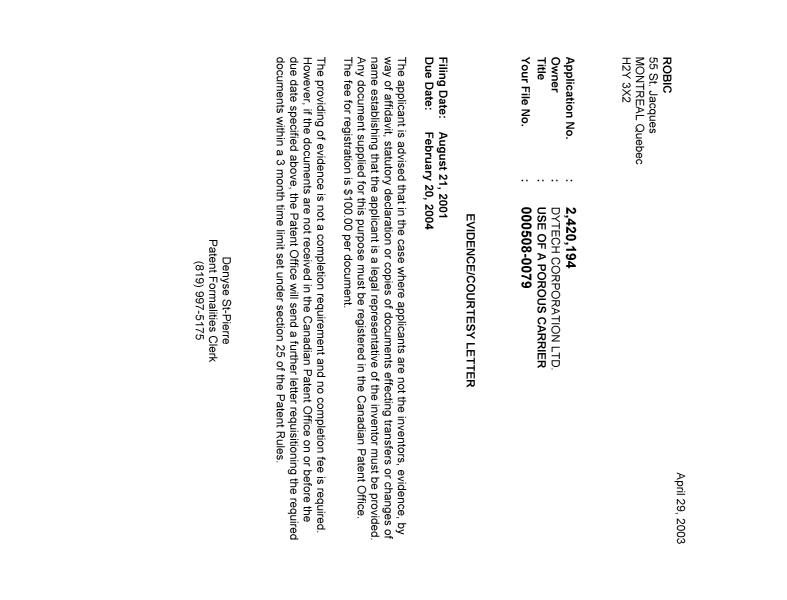 Canadian Patent Document 2420194. Correspondence 20021222. Image 1 of 1