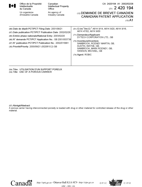 Canadian Patent Document 2420194. Cover Page 20021224. Image 1 of 1