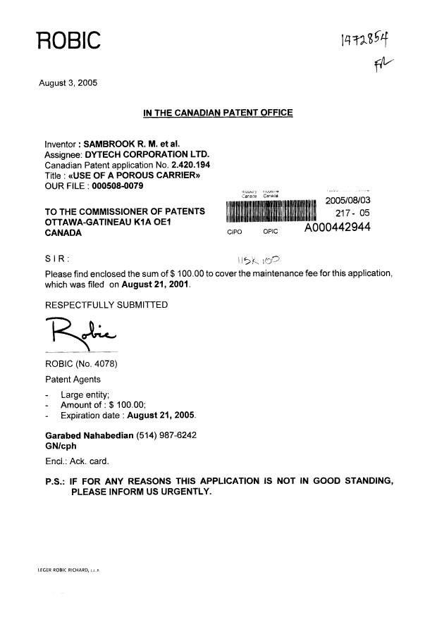 Document de brevet canadien 2420194. Taxes 20050803. Image 1 de 1