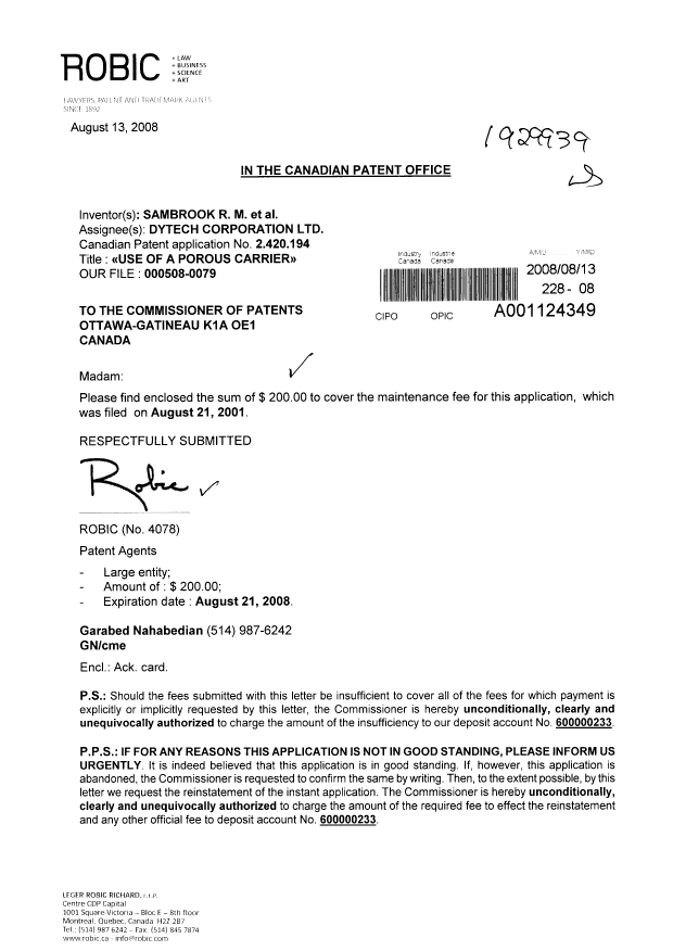 Document de brevet canadien 2420194. Taxes 20071213. Image 1 de 1