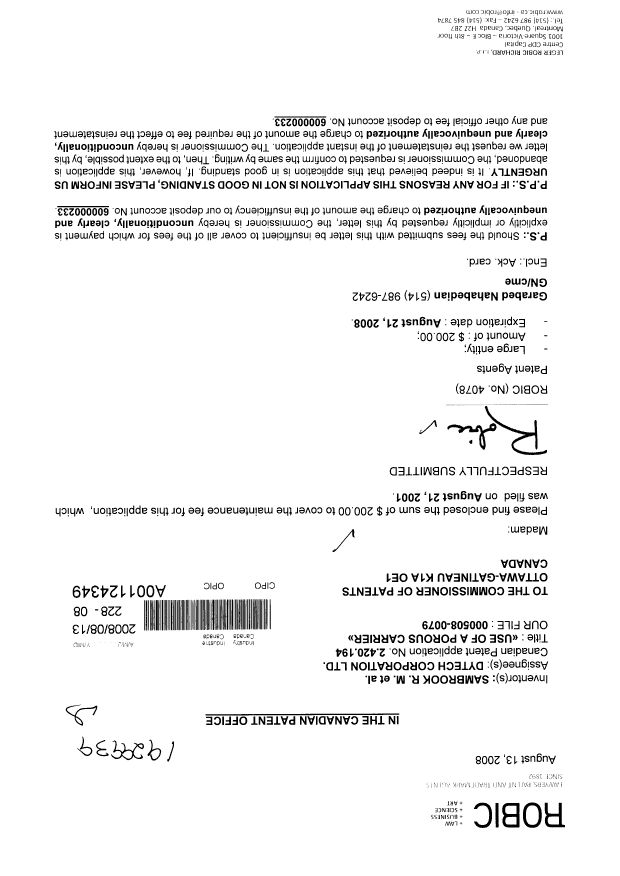 Canadian Patent Document 2420194. Fees 20071213. Image 1 of 1