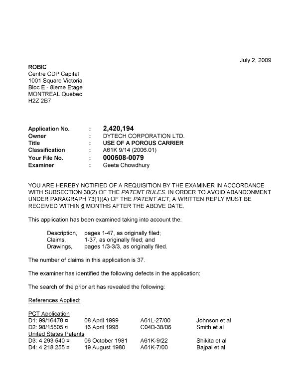 Canadian Patent Document 2420194. Prosecution-Amendment 20081202. Image 1 of 4
