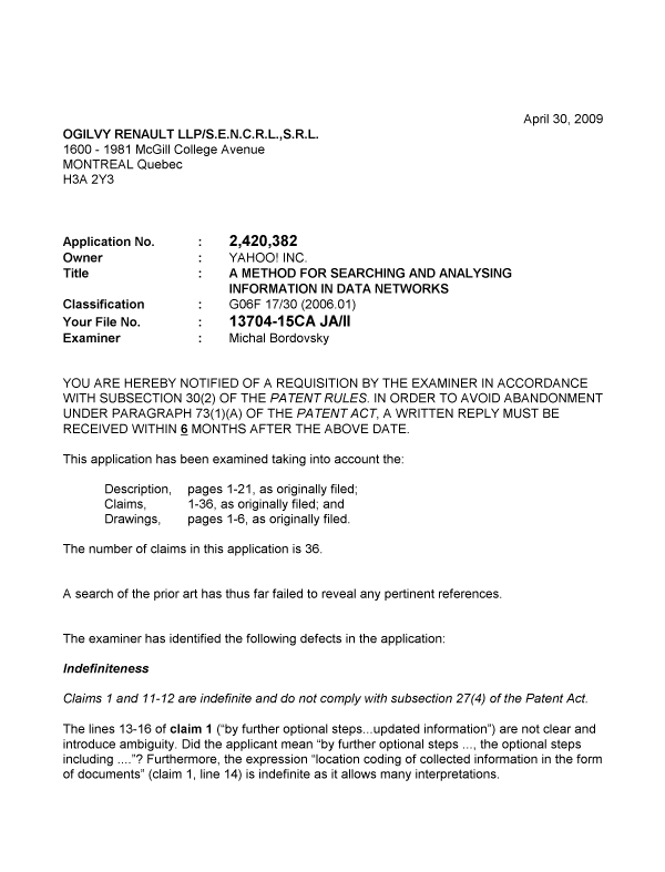 Canadian Patent Document 2420382. Prosecution-Amendment 20090430. Image 1 of 2