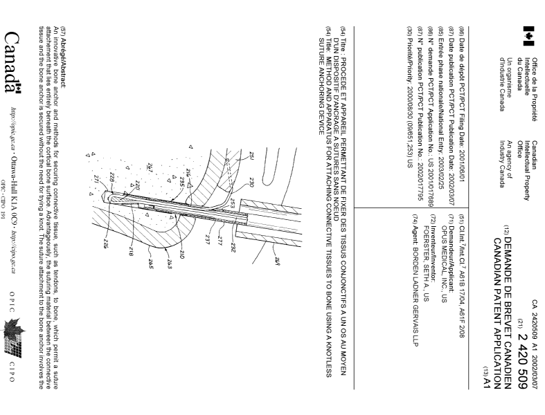 Canadian Patent Document 2420509. Cover Page 20030429. Image 1 of 2