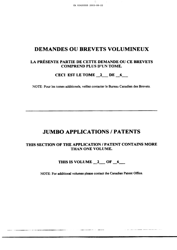 Canadian Patent Document 2420555. Description 20021222. Image 1 of 950