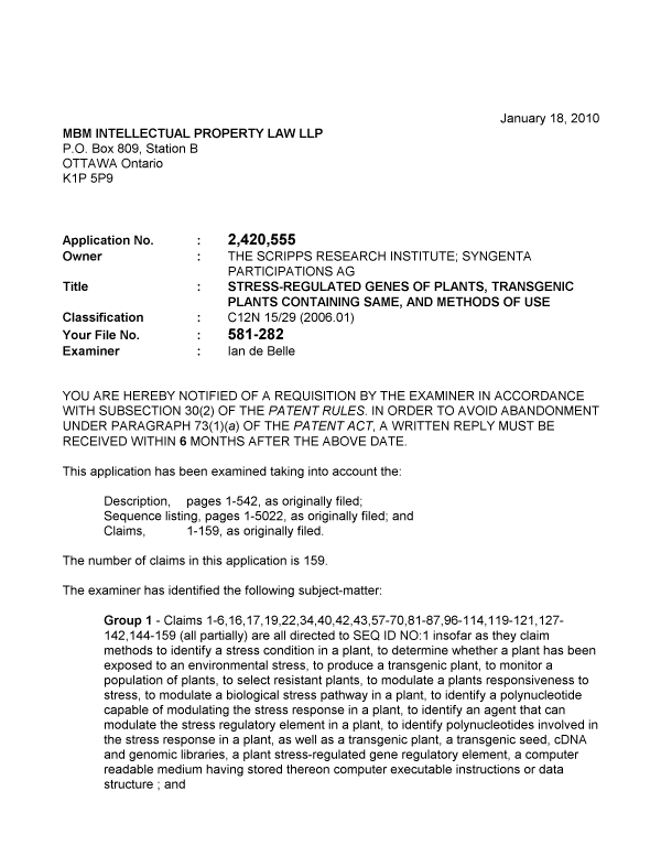 Canadian Patent Document 2420555. Prosecution-Amendment 20091218. Image 1 of 3