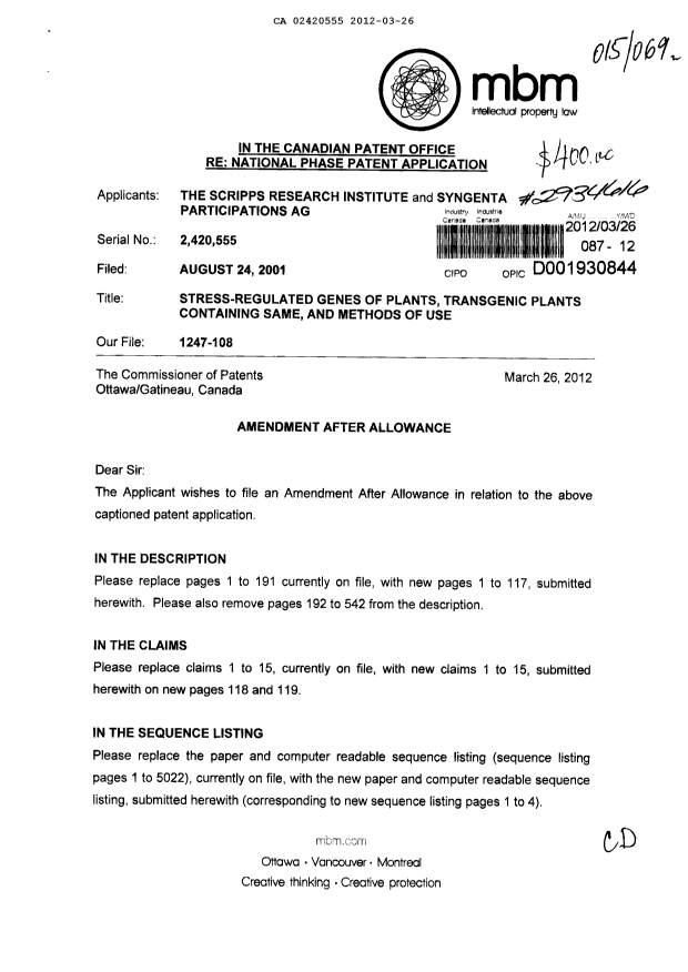 Canadian Patent Document 2420555. Prosecution-Amendment 20111226. Image 1 of 126