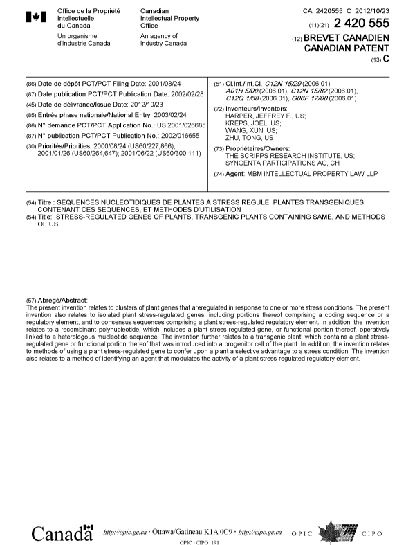 Canadian Patent Document 2420555. Cover Page 20111227. Image 1 of 1