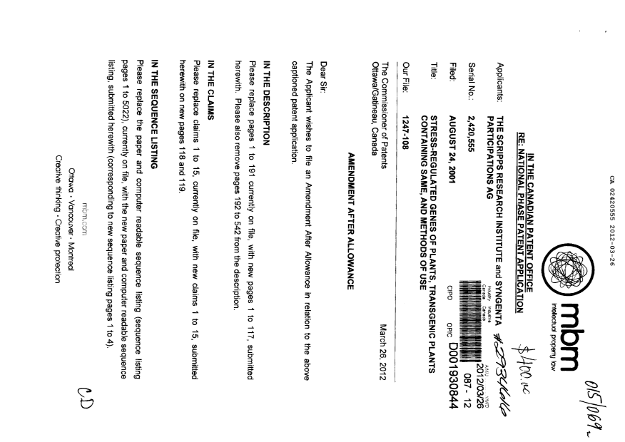 Canadian Patent Document 2420555. Prosecution-Amendment 20120326. Image 1 of 126