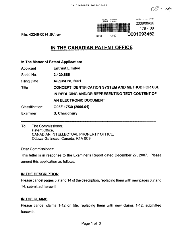Document de brevet canadien 2420885. Poursuite-Amendment 20080626. Image 1 de 13