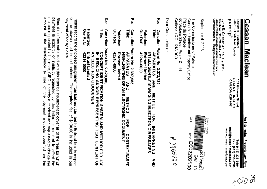 Canadian Patent Document 2420885. Assignment 20130904. Image 1 of 5