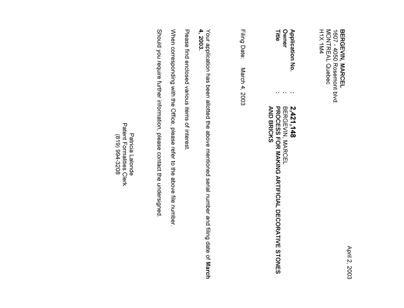 Document de brevet canadien 2421148. Correspondance 20021201. Image 1 de 1