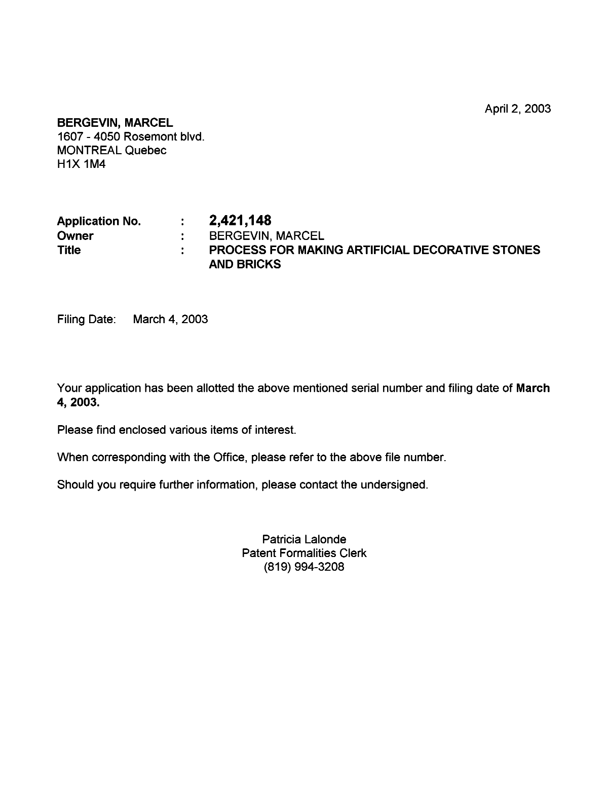 Document de brevet canadien 2421148. Correspondance 20021201. Image 1 de 1