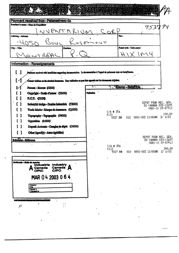 Canadian Patent Document 2421148. Assignment 20021204. Image 1 of 2