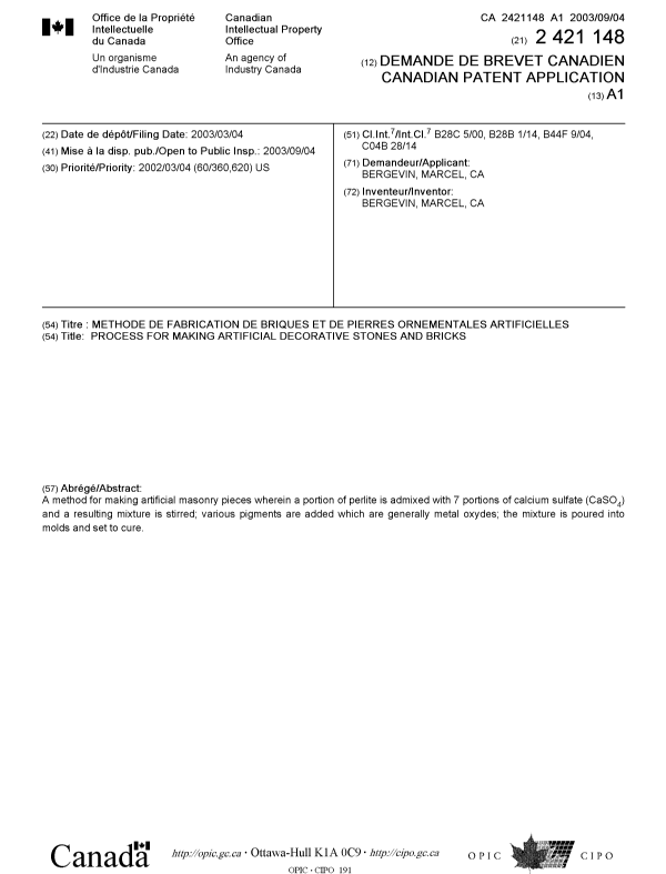 Document de brevet canadien 2421148. Page couverture 20021208. Image 1 de 1