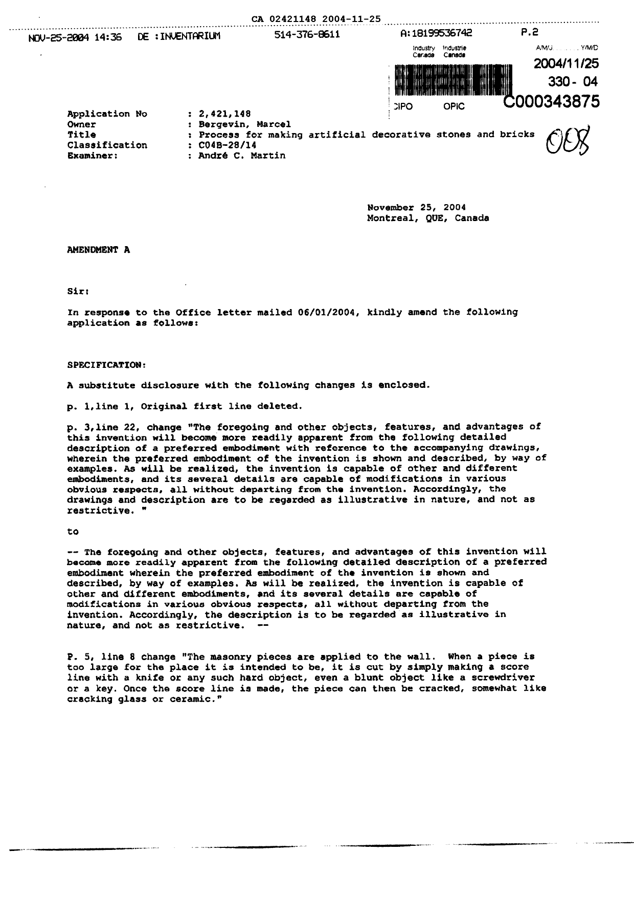 Document de brevet canadien 2421148. Poursuite-Amendment 20031225. Image 1 de 11