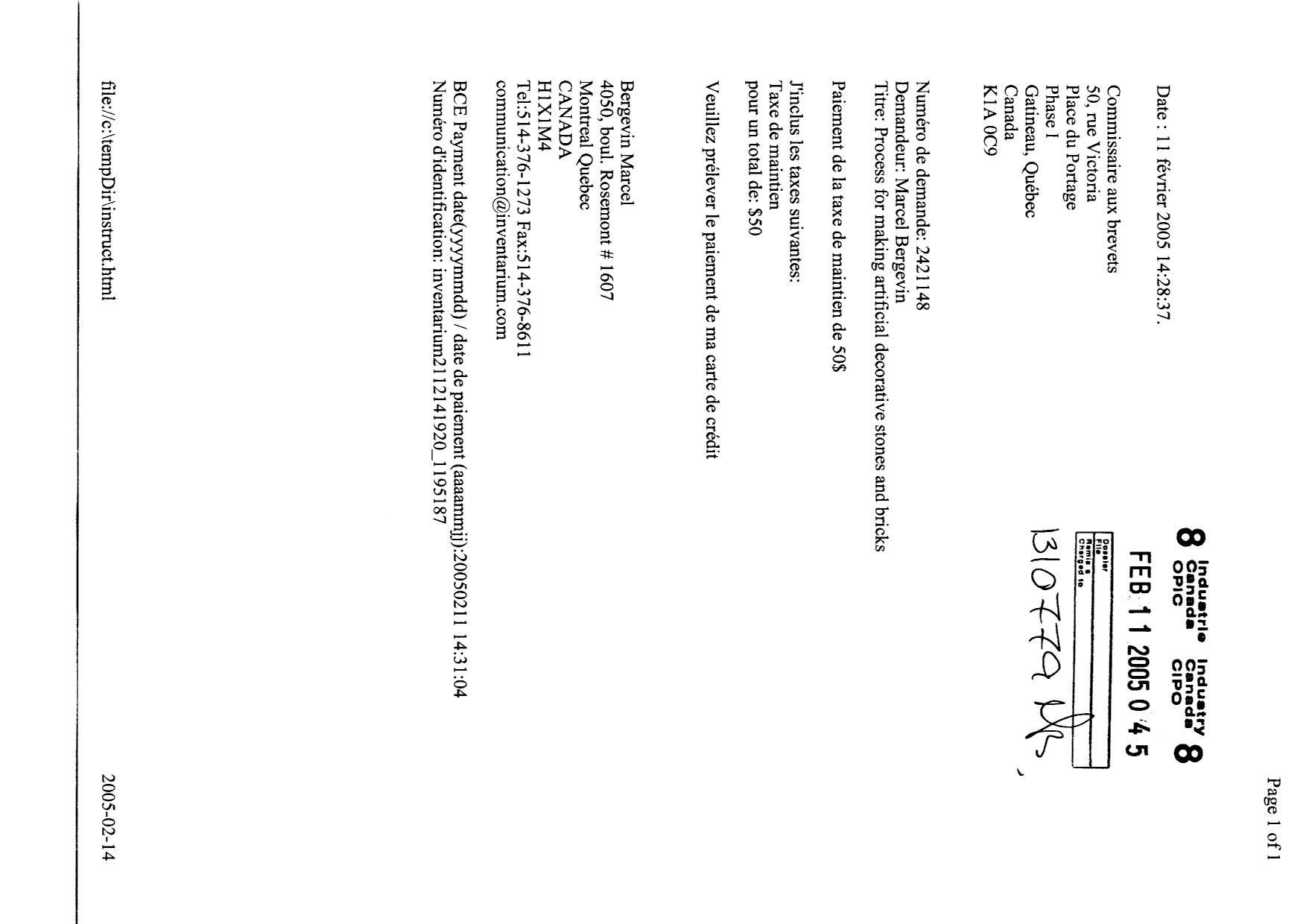Document de brevet canadien 2421148. Taxes 20041211. Image 1 de 1
