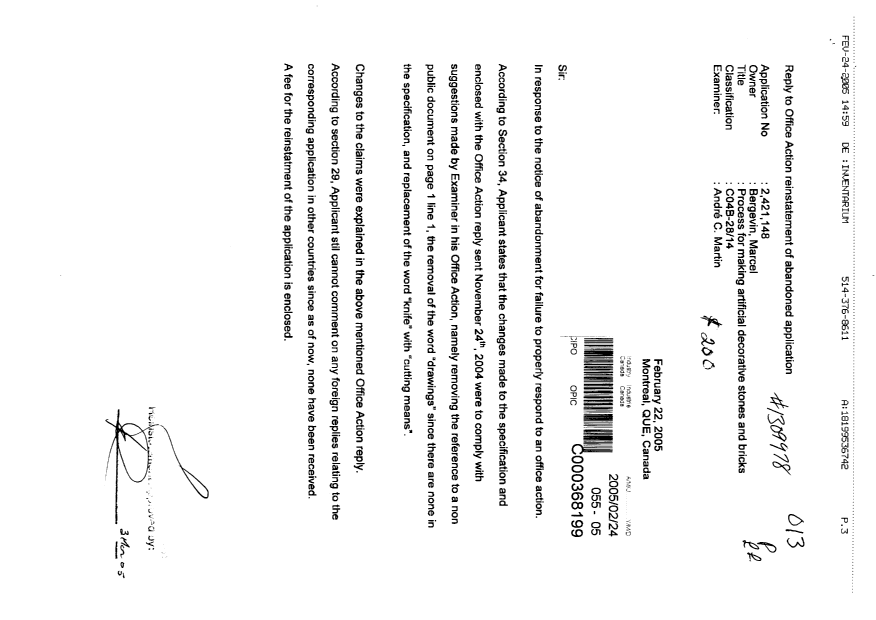 Canadian Patent Document 2421148. Prosecution-Amendment 20041224. Image 1 of 3