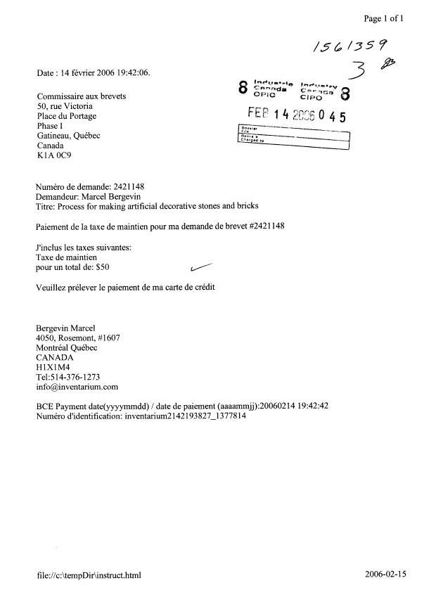 Document de brevet canadien 2421148. Taxes 20051214. Image 1 de 1