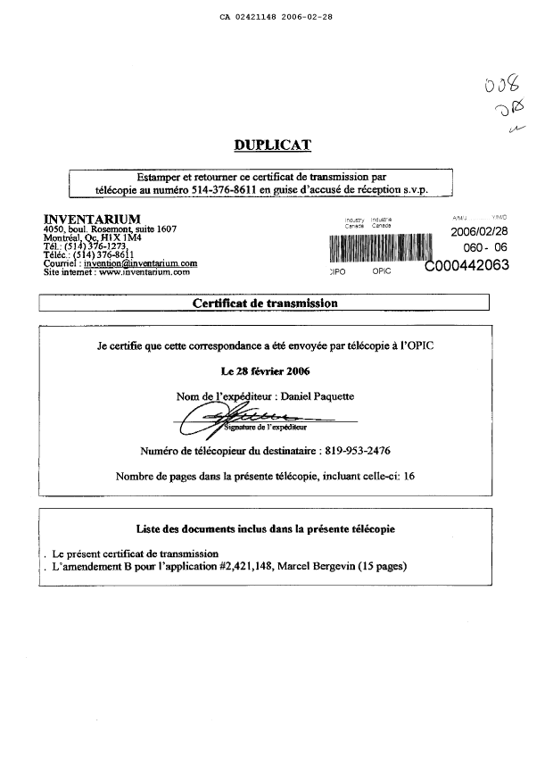 Canadian Patent Document 2421148. Prosecution-Amendment 20051228. Image 1 of 16