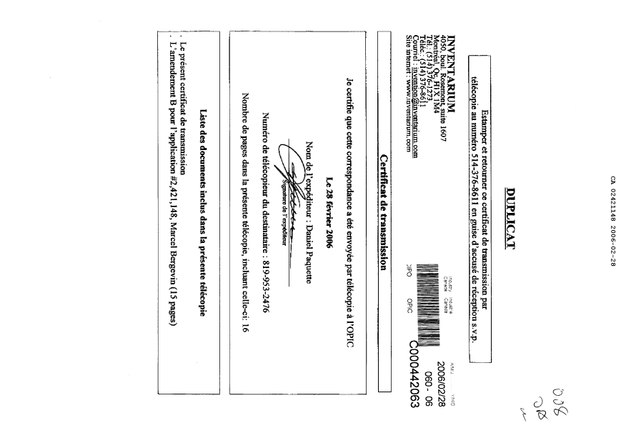 Document de brevet canadien 2421148. Poursuite-Amendment 20051228. Image 1 de 16