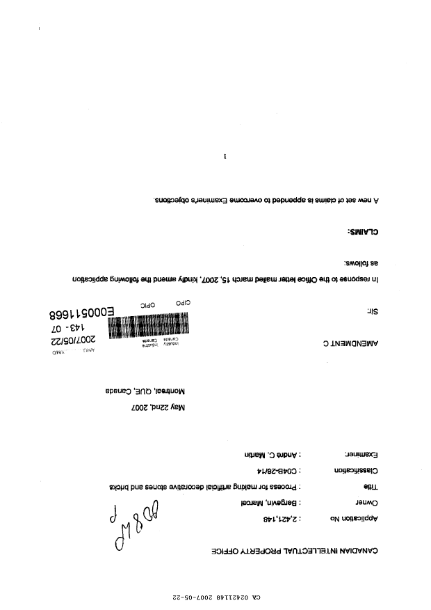 Canadian Patent Document 2421148. Prosecution-Amendment 20061222. Image 1 of 6